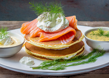 Schottischer Räucherlachs auf Buttermilch Pfannkuchen mit Creme-Fraiche und Dill-Suppe